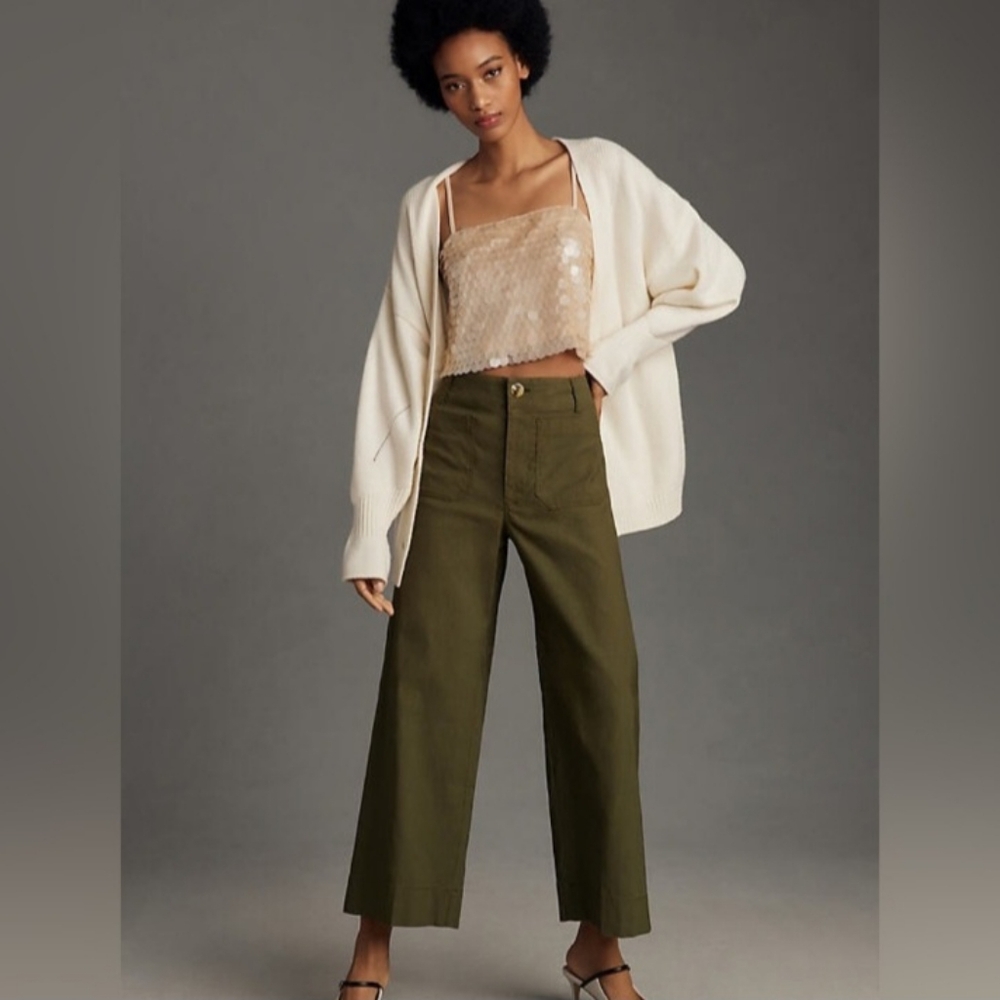 Anthropologie Maeve Army Green Colette Wide Leg Pant Size 29 Linen Edition
